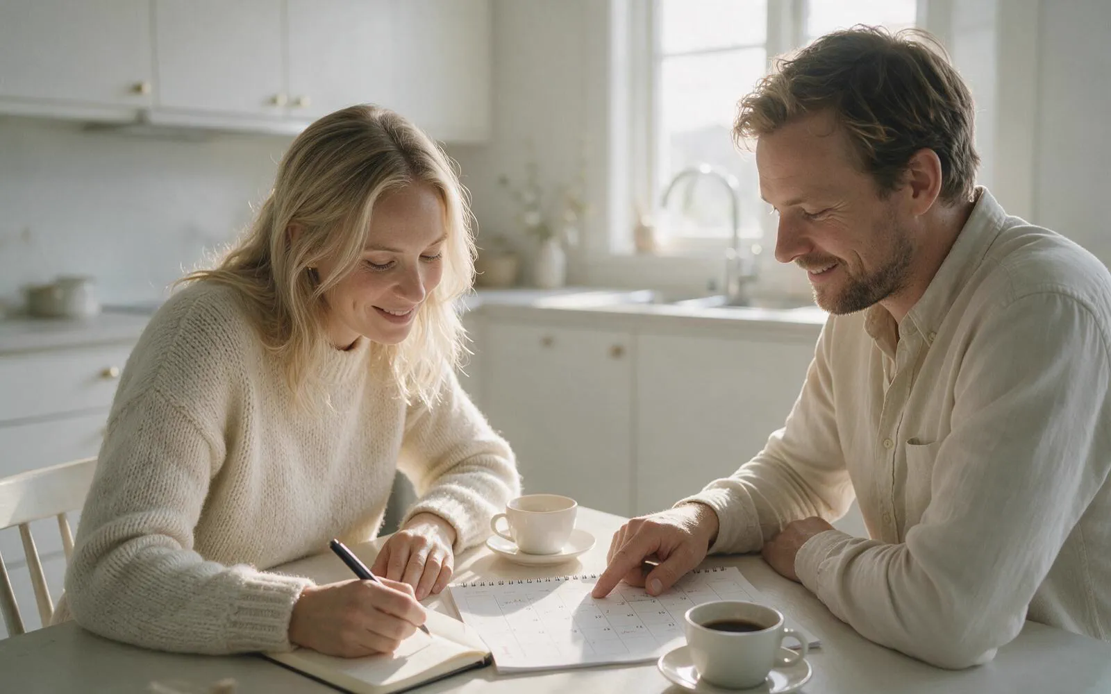 Et par sitter ved et lyst kjøkkenbord med notatbok, penn og kaffe og skriver ned det som må gjøres.