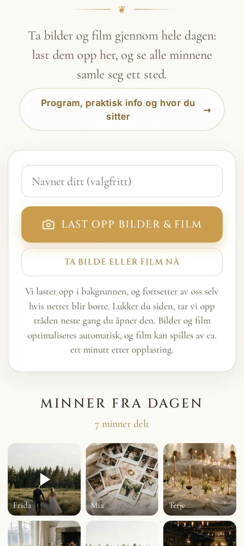 Gjestesiden på mobil: knappene for å laste opp eller ta bilde og film, og galleriet under der hvert minne bærer navnet på den som delte det.