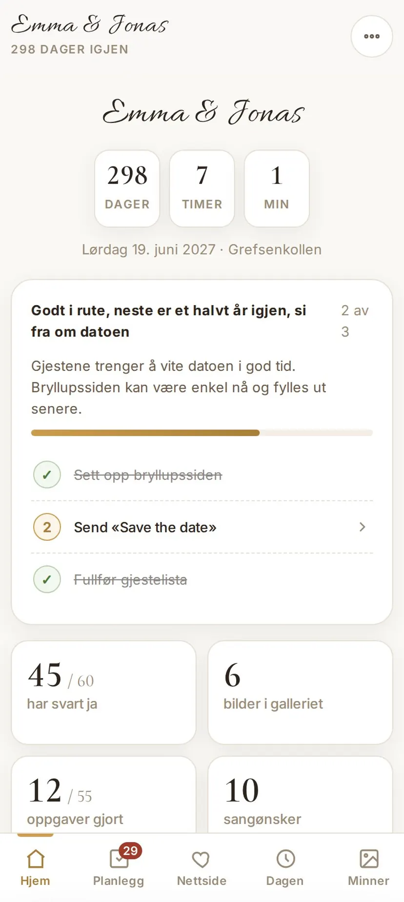 Hjemskjermen i appen: nedtelling til bryllupsdagen, neste steg på huskelista, og tallene for svar, bilder, oppgaver og sangønsker.