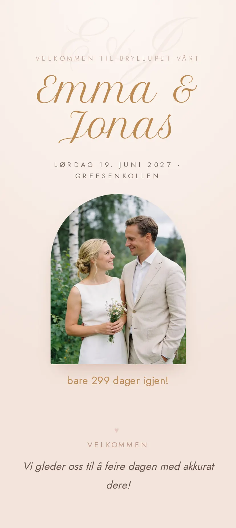 En invitasjon på mobil: navnetrekk, dato og sted, bilde av brudeparet, nedtelling og velkomsthilsen.